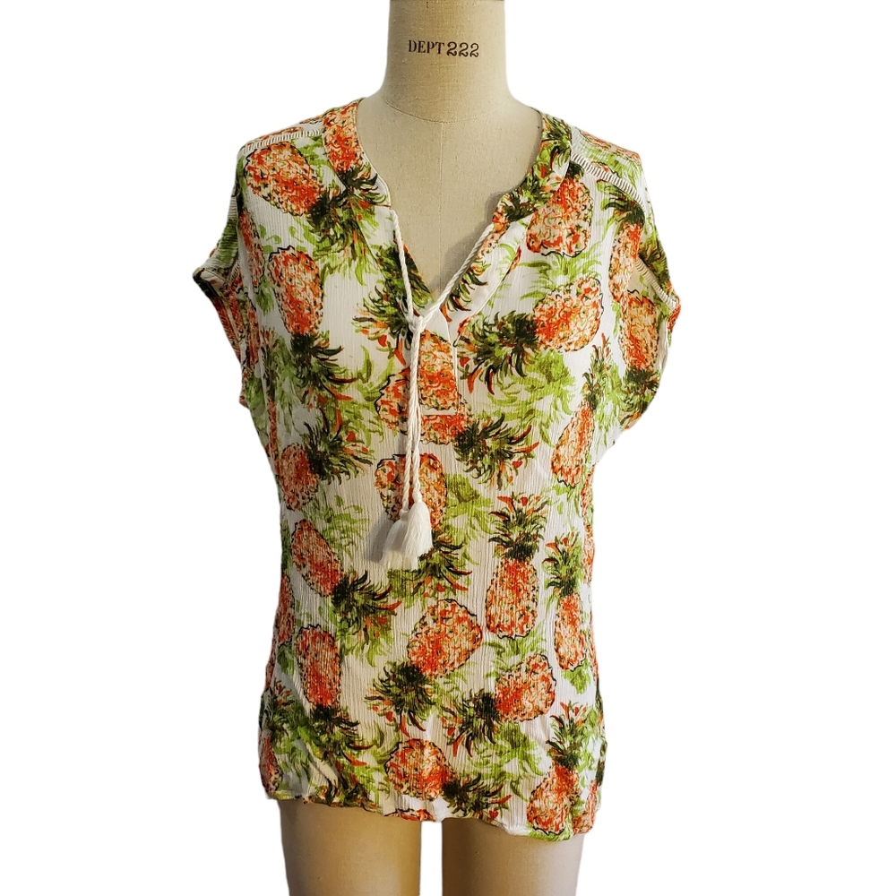 Coral Bay Pineapple Print Tassel Boho Top Size M